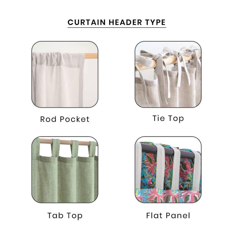 May include: Image showing four different curtain header types: Rod Pocket, Tie Top, Tab Top, and Flat Panel. Each type is displayed in a square frame, with the name of the header type written below each image. The text "CURTAIN HEADER TYPE" is at the top.