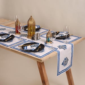 Floral Hand Block Printed Cotton Cloth Table Runners, Housewarming Gift, Runner with Mats, Cotton Tabletop Cloth, Rustic Blue Table Runner