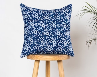 Designer Floral Linen Pillow Cover, Blue Floral Block Print Pillow Cover, Decorative Cotton Cushion Cover, Throw Pillows, Fall Pillow Cover