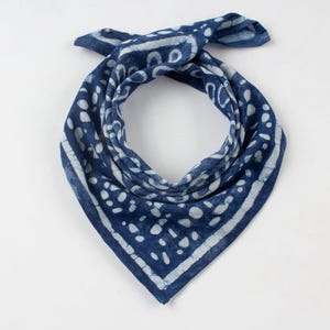 Unisex Neck Scarf Cotton Bandana, Indian Headwrap Indigo Blue Boho Bandana, Handmade Block Print Dabu Square Neckerchief Gift for Her