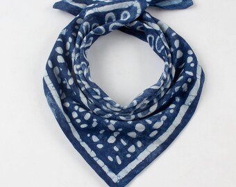 Unisex Neck Scarf Cotton Bandana, Indian Headwrap Indigo Blue Boho Bandana, Handmade Block Print Dabu Square Neckerchief Gift for Her