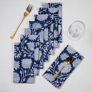 Guardanapos de algodão com estampa de blocos, guardanapos de jantar com decoração de fazenda floral azul-indiana, guardanapos de mesa artesanais para decoração de casamento, guardanapos para coquetel