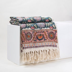 Sunflower Hand Block Print Cotton Throw, Green Floral Hand Block Print Blanket, Bohemian Home Decor Sofa Couch Organic Floral Bedspread