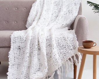 White Knitted Sofa Throw Blanket, Organic Cotton and Wool mix Throw Blanket, Bedspread Queen King, Decorative Farmhouse Warm Blanket