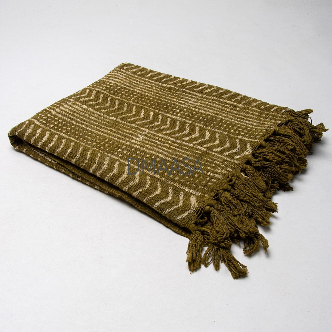 Native Natural Throw Rustic Olive Green Cotton Throw, Tribal Block Print, Handmade Quilted ...