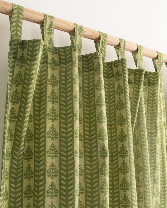 Green Boho Floral Hand Block Printed Cotton Sheer Curtains | Botanical Cafe Drapes, Nursery Decor, Window Treatment, Farmhouse Style