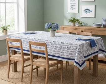 Fish Print Cotton Tablecloth, Hand Block Printed Dining Table Cover