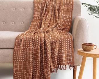 Rust Brown Hand Loomed Cotton Throw Blanket with Diamond Pattern, Soft Lightweight Decor for Sofa & Bed, Handmade Gift,  Christmas Gift