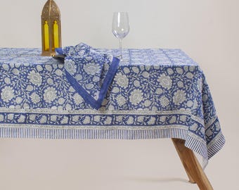 Indian Hand Block Printed Blue Floral Cotton Tablecloth, Housewarming Wedding & Party Decor Table Cover, Rectangle Tablecloth