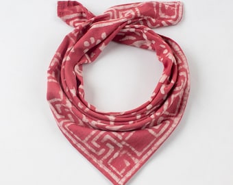 Boho Neck Scarf Cotton Bandana, Red Floral Dabu Print Square Handkerchief, Indian Handmade Printed Floral Headwrap, Unisex Cotton Bandana