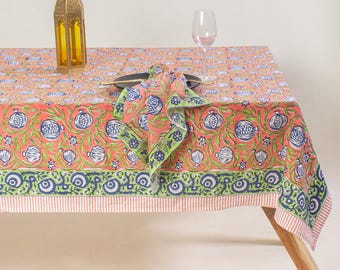 Pomegranate Pattern Floral Hand Block Printed Cotton Tablecloth, Indian Rectangle Farmhouse Wedding Event Party Dining Decor Table Cover