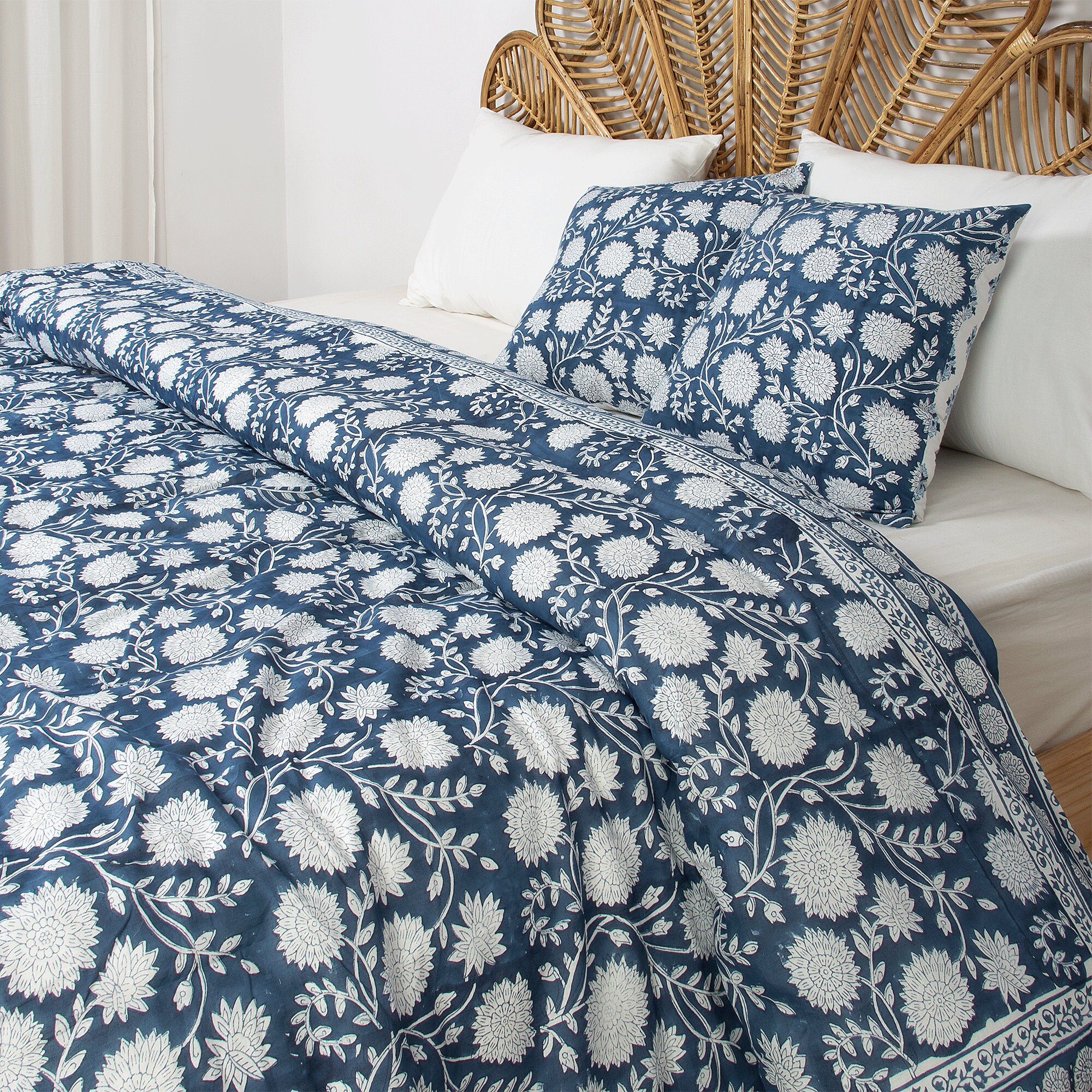 Vibrant Floral Cotton Duvet Cover, Hand-Block Printed Quilt, Quilted Cotton Comforter Cover, Extra Soft Duvet Cover, Cozy Boho Decor