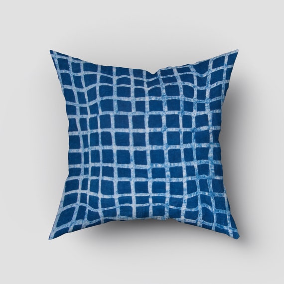 Hand Block Farmhouse Throw Pillow, Indigo Blue Sofa Decor Cushion