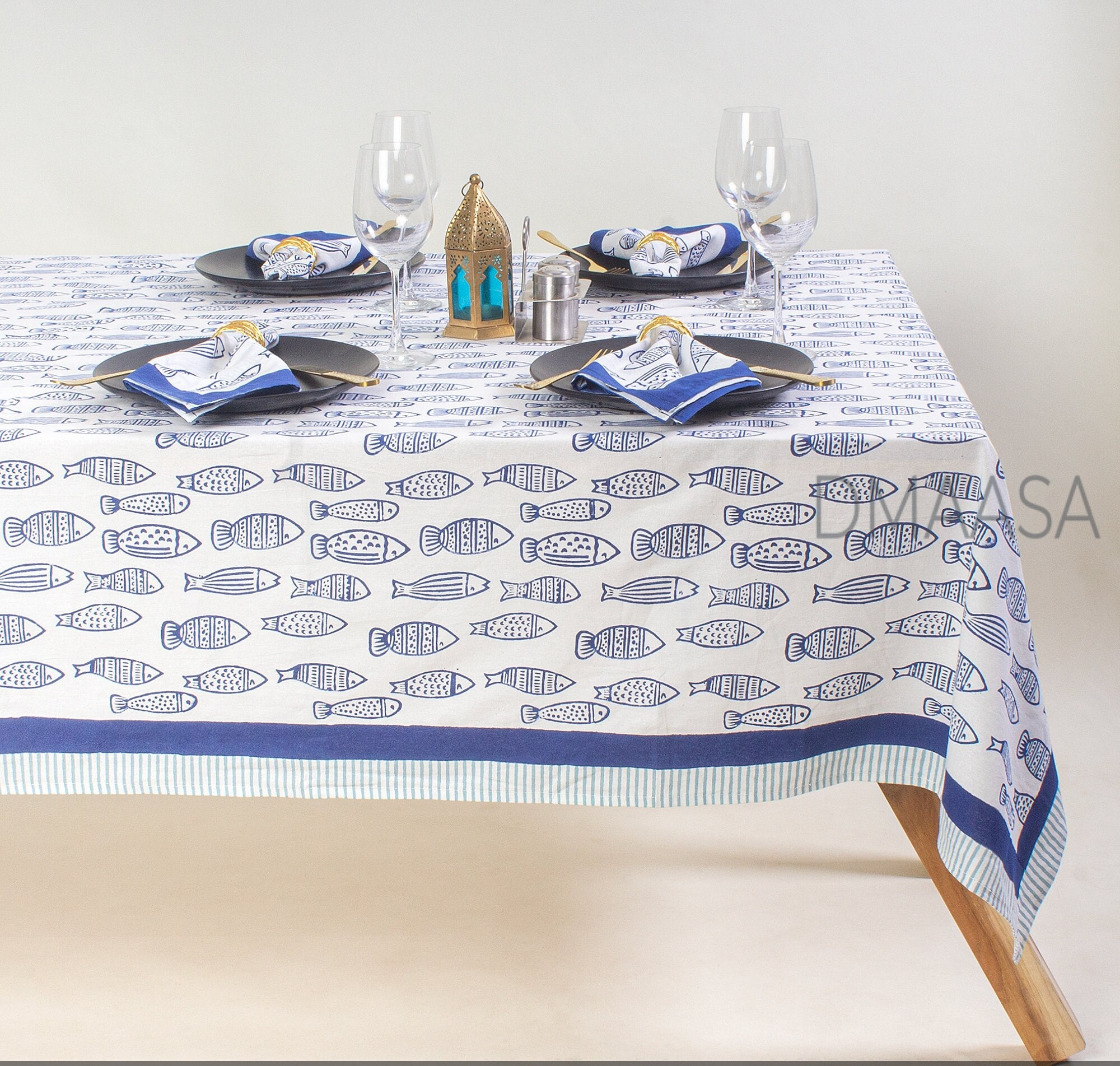 Fish Print Hand Block Printed Cotton Tablecloth, Dining Table Cover, Wedding Tablecloth Decor, Table Cover, Boho Party Table Decor