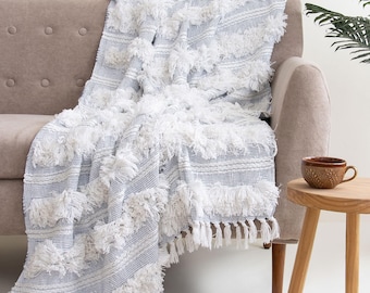 Handwoven Blue Tufted Cotton Throw Blanket for Couch, Farmhouse Decor & Sofa Blanket, Handloom Warm Bedspread, Easter Decor Blanket