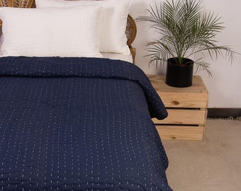 Indian Kantha Hand Stitched Cotton Quilts, Solid Blue Winter Blanket, Ultra Soft Reversible Quilt, Indian Home Decor Organic Throw Blanket