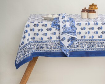 Blue Floral Block Printed Rectangle Cotton Tablecloth, Boho Kitchen Dinning Wedding Party Event Farmhouse Table Decor Cover