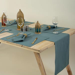 Solid Blue Cotton Table Runner with Mats, Light weighted Rustic Dining Decor Table Runner, Farmhouse Table Runner, Wedding Table Runner