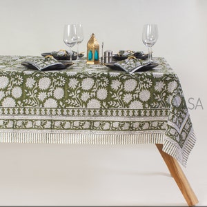 Turquoise Green, Old Moss Green, and White Indian Floral Hand Block Printed Cotton Cloth Tablecloth, Dining Table Cover