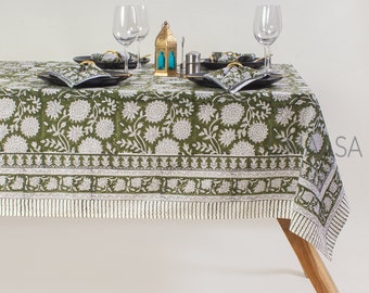 Turquoise Green, Old Moss Green, and White Indian Floral Hand Block Printed Cotton Cloth Tablecloth, Dining Table Cover