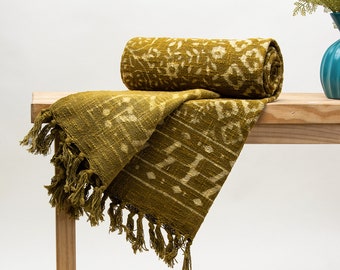Olive Green Block Printed Handmade Cotton Throw Blanket For Bed And Sofa Decoration, Organic Cotton Throw, Cotton Bedspread, Sofa Coverlet