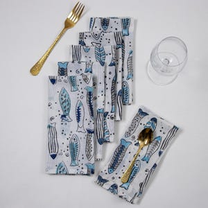 Handmade Blue Fish Pattern Block Printed Cotton Napkins, Sustainable Easter Party Napkin, Wedding Dinner Napkins, Farmhouse Cocktail Napkins