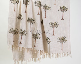 Palm Tree Throw Hand Woven Blanket Throw, Block Printed Cotton Throw Bed And Sofa Decoration Throw, Organic Cotton Throw, Cotton Bedspread