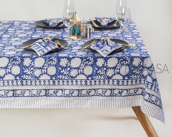Nappe élégante bleue et blanche, nappe rectangulaire indienne florale faite main, ensemble de lin, décoration de table bohème, housse de table en coton