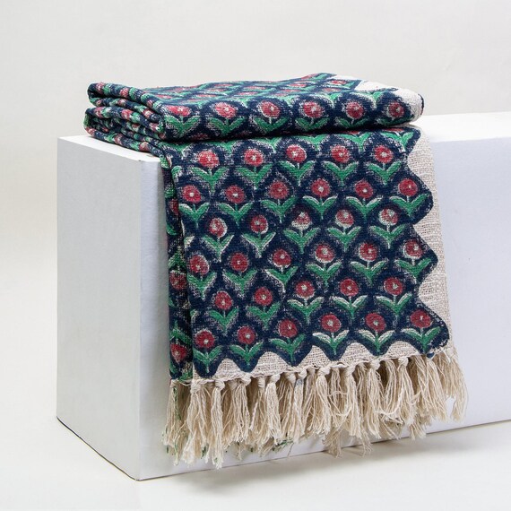 Indian Block Print Cotton Throw, Farmhouse Decor Sofa Couch Throw