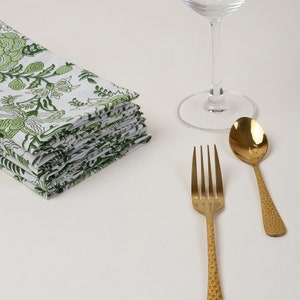 Indian Block Print Cotton Napkins, Green Floral Wedding Decor Dinner Napkin, Farmhouse Cocktail Party Table Napkin Cloth, Boho Style Napkin