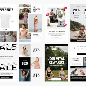 May include: A collage of images promoting activewear and a rewards program. The images feature women wearing sports bras and leggings in various poses. The text includes "25% off all activewear", "Join Vital Rewards", and "Loved on Instagram".