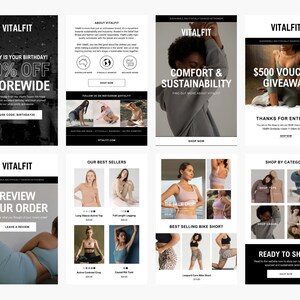 May include: A collage of six email newsletters promoting a clothing brand called Vitalfit. The newsletters feature images of women wearing activewear and highlight the brand's commitment to comfort, sustainability, and ethical sourcing. One newsletter offers a birthday discount, another announces a voucher giveaway, and a third showcases best-selling bike shorts.