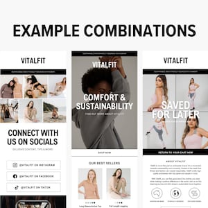 May include: Three images showcasing a clothing brand called Vitalfit. The first image shows a collage of photos of people wearing the brand's clothing. The second image shows a model wearing a grey sweatshirt with the text "Comfort & Sustainability" and the brand's logo. The third image shows a model wearing a pink sports bra and grey leggings with the text "Saved for Later".