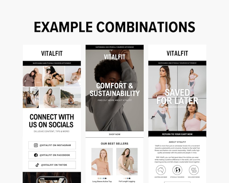 May include: Three images showcasing a clothing brand called Vitalfit. The first image shows a collage of photos of people wearing the brand's clothing. The second image shows a model wearing a grey sweatshirt with the text "Comfort & Sustainability" and the brand's logo. The third image shows a model wearing a pink sports bra and grey leggings with the text "Saved for Later".