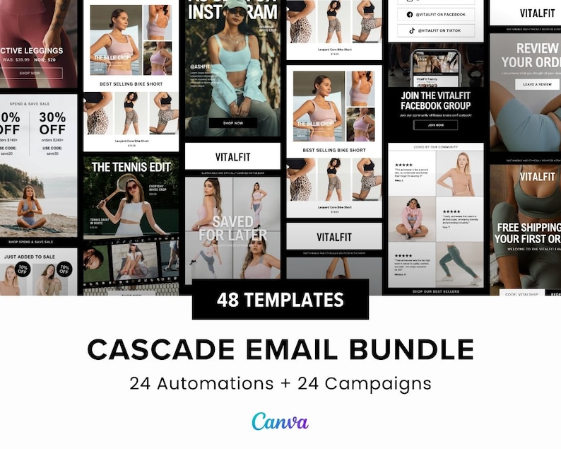 May include: A collage of 48 email templates for an online store selling activewear. The templates feature a variety of designs, including images of women wearing activewear, text, and graphics. The templates are designed to be used in email marketing campaigns to promote the store's products.