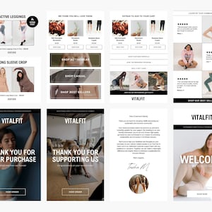 May include: Email newsletter for a fitness apparel company called Vitalfit. The newsletter features images of women wearing activewear, including leggings, long-sleeve crops, and sports bras. The newsletter also includes text promoting new arrivals, best sellers, and a thank you message to customers.