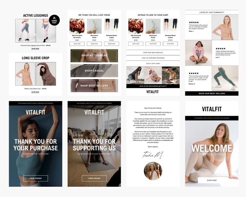 May include: Email newsletter for a fitness apparel company called Vitalfit. The newsletter features images of women wearing activewear, including leggings, long-sleeve crops, and sports bras. The newsletter also includes text promoting new arrivals, best sellers, and a thank you message to customers.