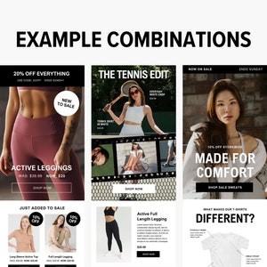 May include: Three different promotional images for clothing. The first image features a woman wearing pink leggings and the text "20% off everything, use code: 20off, ends Sunday". The second image features a woman wearing a white crop top and a tennis skirt and the text "The Tennis Edit, Tennis Skirt in White". The third image features a woman wearing a white sweater and the text "Now on Sale, Ends Sunday, 10% off storewide, Made for Comfort, Shop Sale Sweats".