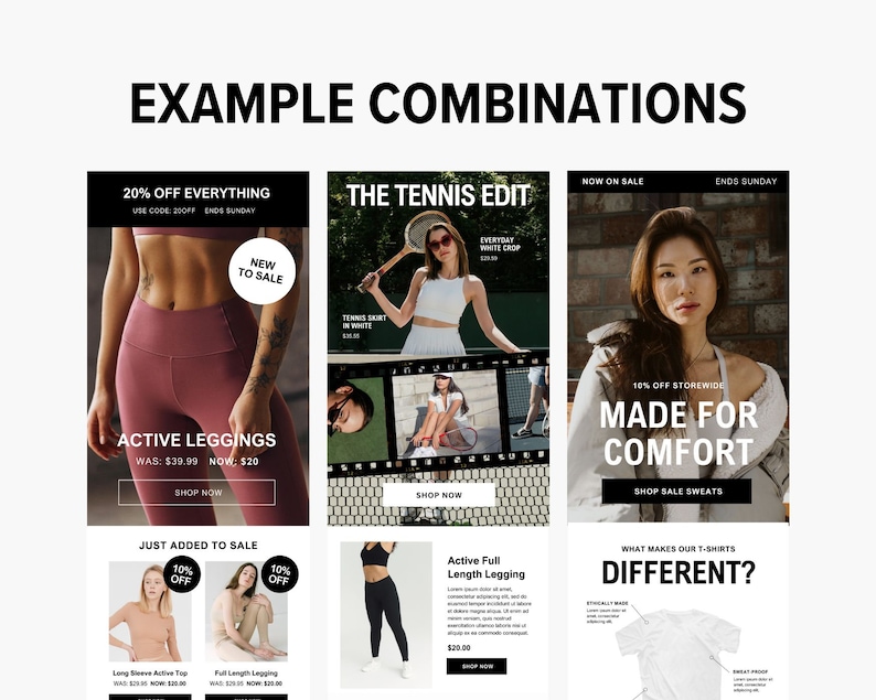 May include: Three different promotional images for clothing. The first image features a woman wearing pink leggings and the text "20% off everything, use code: 20off, ends Sunday". The second image features a woman wearing a white crop top and a tennis skirt and the text "The Tennis Edit, Tennis Skirt in White". The third image features a woman wearing a white sweater and the text "Now on Sale, Ends Sunday, 10% off storewide, Made for Comfort, Shop Sale Sweats".