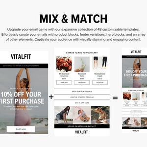 May include: A collage of three email templates for a company called Vitalfit, which sells sustainable and ethically sourced activewear. The first template features a woman in a pink sports bra and leggings, with the text "10% off your first purchase". The second template features a variety of products, including silk scrunchies, movement socks, and resistance bands. The third template features a woman in a pink sports bra and leggings, with the text "10% off your first purchase".