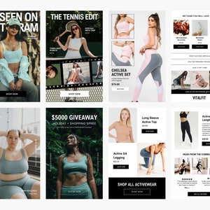 May include: A collage of images promoting activewear and a giveaway. The images feature women wearing different styles of activewear, including leggings, sports bras, and crop tops. The text on the images includes "Chelsea Active Set", "$5000 Giveaway", "Holiday + Shopping Spree", "Long Sleeve Active Top", "Active Full Length Legging", "Active 3/4 Legging", and "Shop All Activewear".