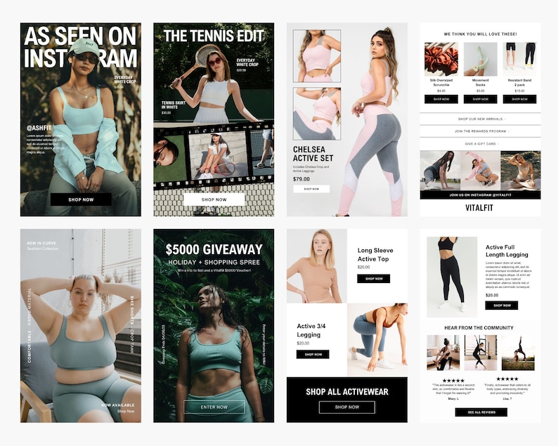 May include: A collage of images promoting activewear and a giveaway. The images feature women wearing different styles of activewear, including leggings, sports bras, and crop tops. The text on the images includes "Chelsea Active Set", "$5000 Giveaway", "Holiday + Shopping Spree", "Long Sleeve Active Top", "Active Full Length Legging", "Active 3/4 Legging", and "Shop All Activewear".