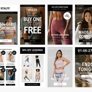 May include: A collage of eight images promoting a sale on activewear. The images feature women wearing leggings, sports bras, and other athletic clothing. The text on the images includes sale information, such as "15% off storewide" and "50% off leggings".