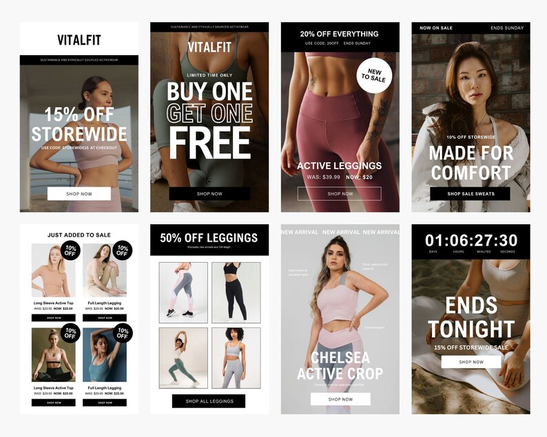 May include: A collage of eight images promoting a sale on activewear. The images feature women wearing leggings, sports bras, and other athletic clothing. The text on the images includes sale information, such as "15% off storewide" and "50% off leggings".