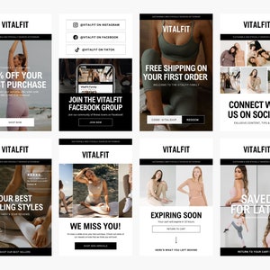 May include: A collage of eight email marketing designs for a clothing brand called Vitalfit. The designs feature different offers and promotions, including a 10% discount on the first purchase, free shipping on the first order, a join the Vitalfit Facebook group call to action, a collection of best-selling styles, a we miss you message, a countdown to expiring soon items, a connect with us on socials message, and a saved for later message.