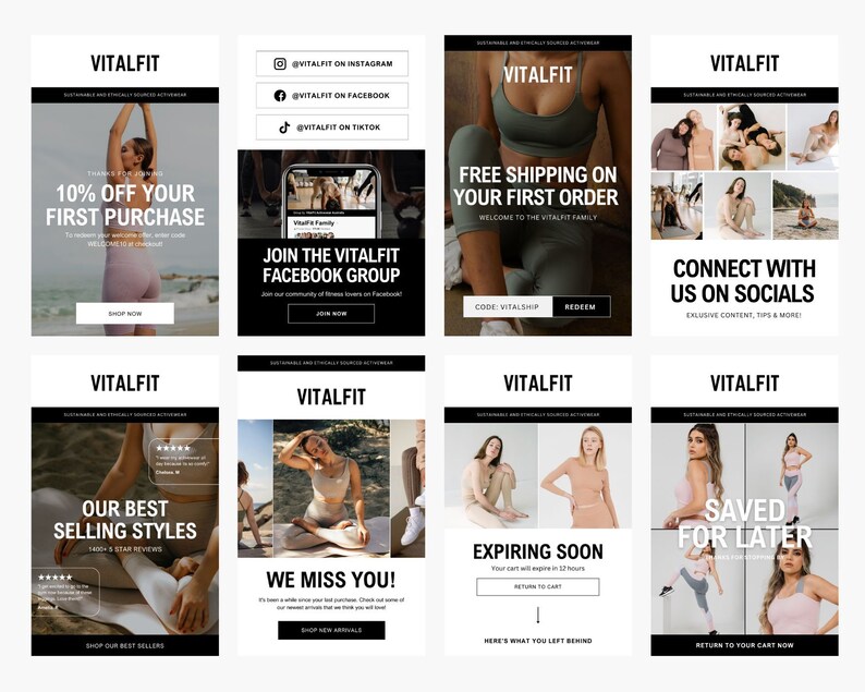 May include: A collage of eight email marketing designs for a clothing brand called Vitalfit. The designs feature different offers and promotions, including a 10% discount on the first purchase, free shipping on the first order, a join the Vitalfit Facebook group call to action, a collection of best-selling styles, a we miss you message, a countdown to expiring soon items, a connect with us on socials message, and a saved for later message.