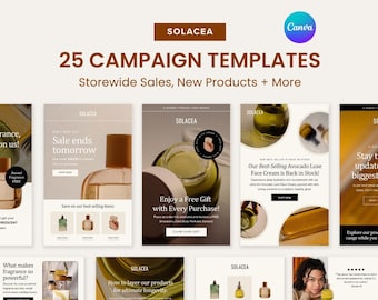 May include: A promotional graphic for Solacea featuring 25 campaign templates for storewide sales and new products. The design includes various product images, text, and the Canva logo. The color palette is primarily beige, brown, and green.