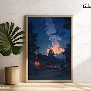 Cartel de Ghibli / Pueblo Crepúsculo / Arte de la pared del paisaje / Cartel de anime / Arte de la noche estrellada / Impresión de la sala de estar / Impresión japonesa /