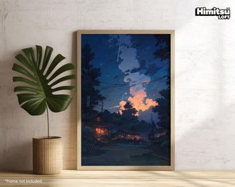 Poster Ghibli | Dorf der Dämmerung | Landschaft Wandkunst | Anime Poster | Sternenklare Nacht Kunst | Wohnzimmer Poster | Japanischer Druck |