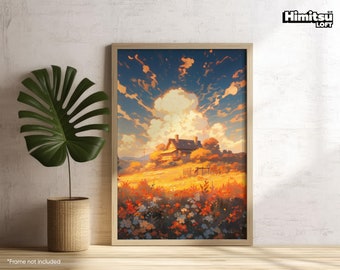 May include: A digital painting of a small house with a brown roof and white walls, surrounded by a field of wildflowers. The house is set against a backdrop of a blue sky with fluffy white clouds. The sun is shining brightly, casting a warm glow over the scene.